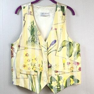 Vintage Floral Vest Yellow Garden Print Cottagecore Button Front Size L